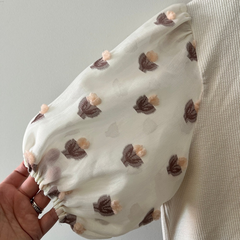THML JH1566-CR Puff Sleeve Floral Top Cottagecore Cream Small Pom Pom Accents - Picture 2 of 10